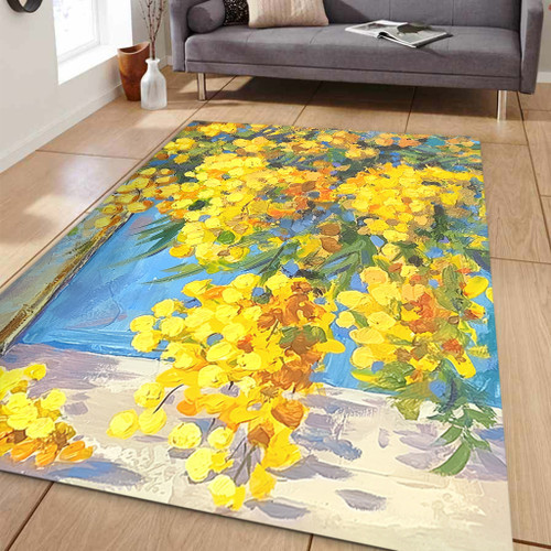 Australia Golden Wattle Area Rug - Golden Wattle Bouquet Blue Background Oil Painting Art  Area Rug Australia Golden Wattle Area Rug - Golden Wattle Bouquet Blue Background Oil Painting Art  Area Rug