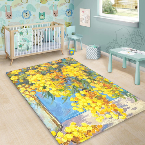 Australia Golden Wattle Area Rug - Golden Wattle Bouquet Blue Background Oil Painting Art  Area Rug Australia Golden Wattle Area Rug - Golden Wattle Bouquet Blue Background Oil Painting Art  Area Rug