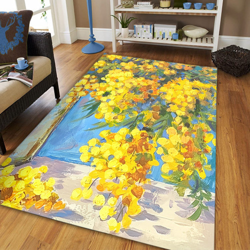 Australia Golden Wattle Area Rug - Golden Wattle Bouquet Blue Background Oil Painting Art  Area Rug Australia Golden Wattle Area Rug - Golden Wattle Bouquet Blue Background Oil Painting Art  Area Rug