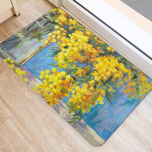Australia Golden Wattle Door Mat - Golden Wattle Bouquet Blue Background Oil Painting Art  Door Mat Australia Golden Wattle Door Mat - Golden Wattle Bouquet Blue Background Oil Painting Art  Door Mat