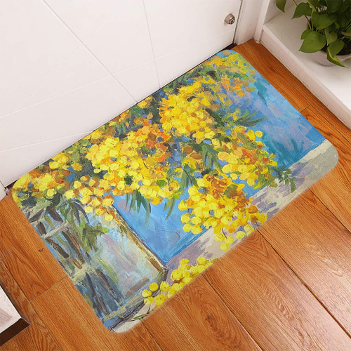 Australia Golden Wattle Door Mat - Golden Wattle Bouquet Blue Background Oil Painting Art  Door Mat Australia Golden Wattle Door Mat - Golden Wattle Bouquet Blue Background Oil Painting Art  Door Mat