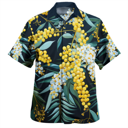 Australia Golden Wattle Hawaiian Shirt - Golden Wattle Seamless Patterns Blue Background Hawaiian Shirt