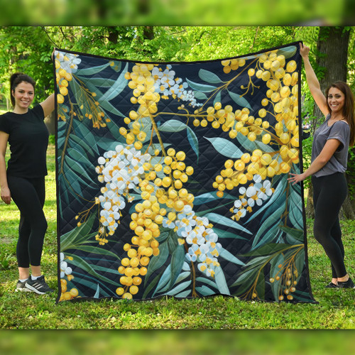 Australia Golden Wattle Quilt - Golden Wattle Seamless Patterns Blue Background Quilt Australia Golden Wattle Quilt - Golden Wattle Seamless Patterns Blue Background Quilt