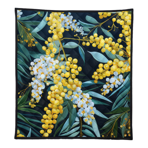 Australia Golden Wattle Quilt - Golden Wattle Seamless Patterns Blue Background Quilt Australia Golden Wattle Quilt - Golden Wattle Seamless Patterns Blue Background Quilt