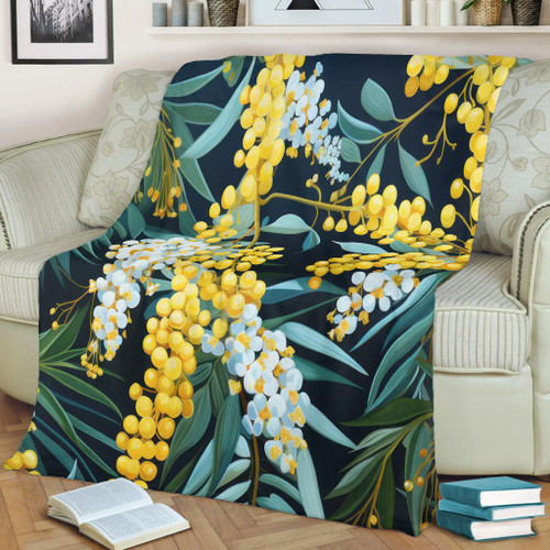 Australia Golden Wattle Blanket - Golden Wattle Seamless Patterns Blue Background Blanket