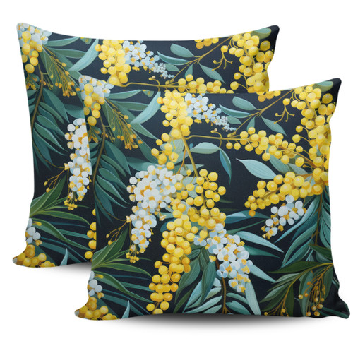 Australia Golden Wattle Pillow Covers - Golden Wattle Seamless Patterns Blue Background Pillow Covers