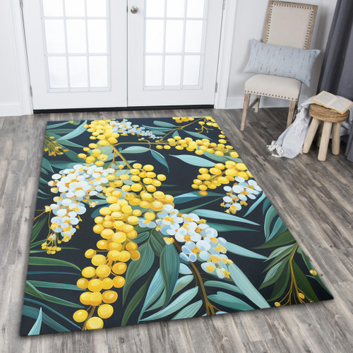 Australia Golden Wattle Area Rug - Golden Wattle Seamless Patterns Blue Background Area Rug