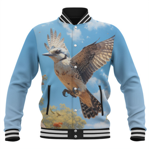 Australia Kookaburra Baseball Jacket - Flying Kookaburra with Blue Sky Baseball Jacket Australia Kookaburra Baseball Jacket - Flying Kookaburra with Blue Sky Baseball Jacket