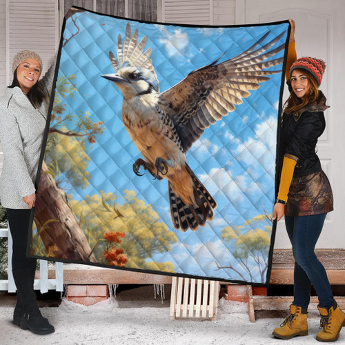 Australia Kookaburra Quilt - Flying Kookaburra with Blue Sky Quilt Australia Kookaburra Quilt - Flying Kookaburra with Blue Sky Quilt