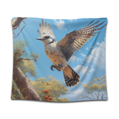 Australia Kookaburra Tapestry - Flying Kookaburra with Blue Sky Tapestry Australia Kookaburra Tapestry - Flying Kookaburra with Blue Sky Tapestry