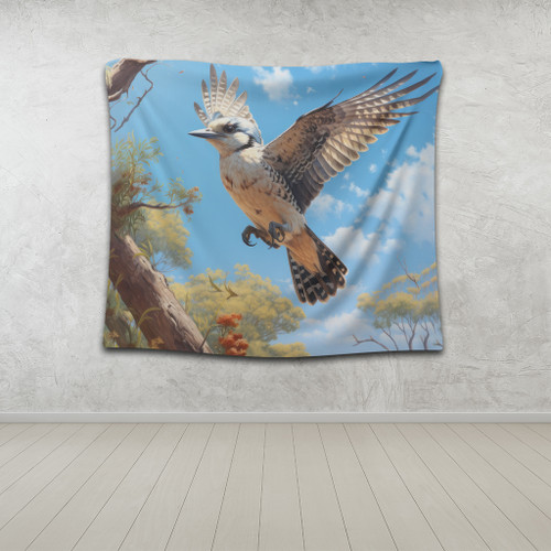 Australia Kookaburra Tapestry - Flying Kookaburra with Blue Sky Tapestry Australia Kookaburra Tapestry - Flying Kookaburra with Blue Sky Tapestry