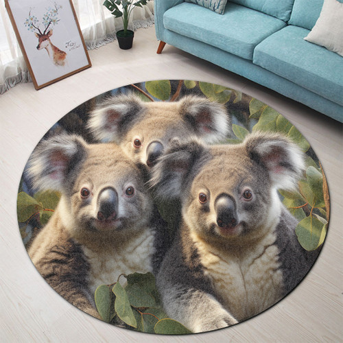 Australia Koala Round Rug - Three Koalas with Gum Trees Ver1 Round Rug Australia Koala Round Rug - Three Koalas with Gum Trees Ver1 Round Rug