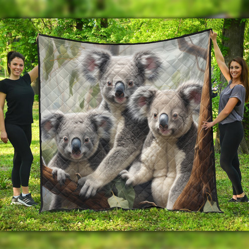 Australia Koala Quilt - Three Koalas with Gum Trees Ver2 Quilt Australia Koala Quilt - Three Koalas with Gum Trees Ver2 Quilt
