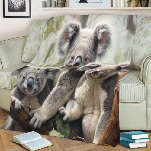 Australia Koala Blanket - Three Koalas with Gum Trees Ver2 Blanket Australia Koala Blanket - Three Koalas with Gum Trees Ver2 Blanket