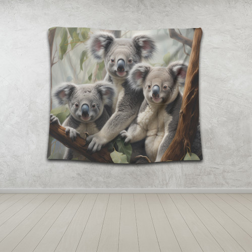 Australia Koala Tapestry - Three Koalas with Gum Trees Ver2 Tapestry Australia Koala Tapestry - Three Koalas with Gum Trees Ver2 Tapestry