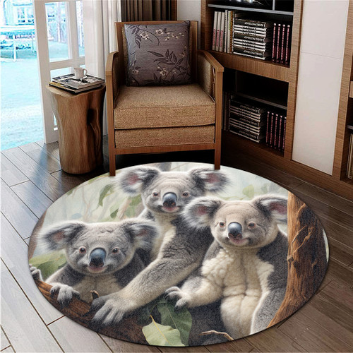 Australia Koala Round Rug - Three Koalas with Gum Trees Ver2 Round Rug