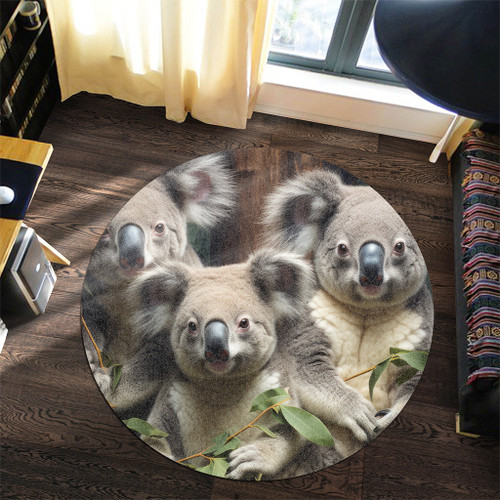 Australia Koala Round Rug - Three Koalas with Gum Trees Ver3 Round Rug