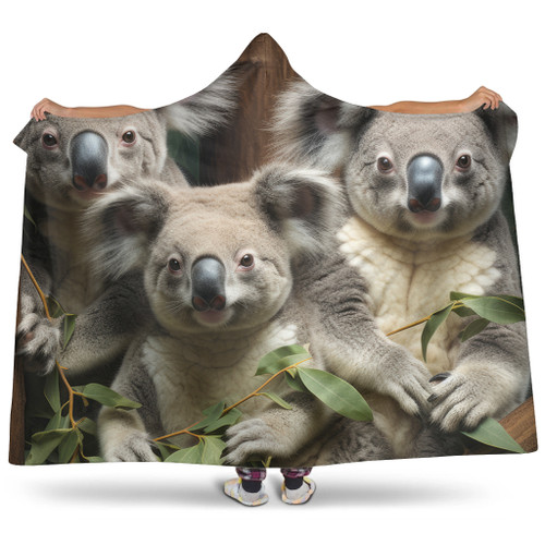 Australia Koala Hooded Blanket - Three Koalas with Gum Trees Ver3 Hooded Blanket Australia Koala Hooded Blanket - Three Koalas with Gum Trees Ver3 Hooded Blanket