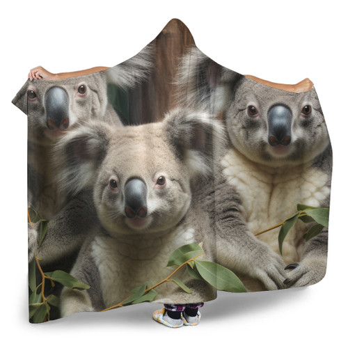 Australia Koala Hooded Blanket - Three Koalas with Gum Trees Ver3 Hooded Blanket