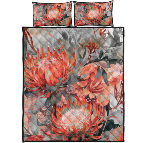 Australia Waratah Quilt Bed Set - Red Orange Waratah Flowers Art Quilt Bed Set Australia Waratah Quilt Bed Set - Red Orange Waratah Flowers Art Quilt Bed Set