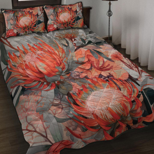 Australia Waratah Quilt Bed Set - Red Orange Waratah Flowers Art Quilt Bed Set