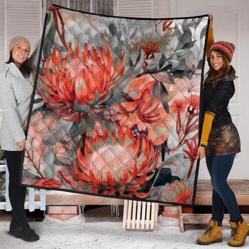 Australia Waratah Quilt - Red Orange Waratah Flowers Art Quilt Australia Waratah Quilt - Red Orange Waratah Flowers Art Quilt