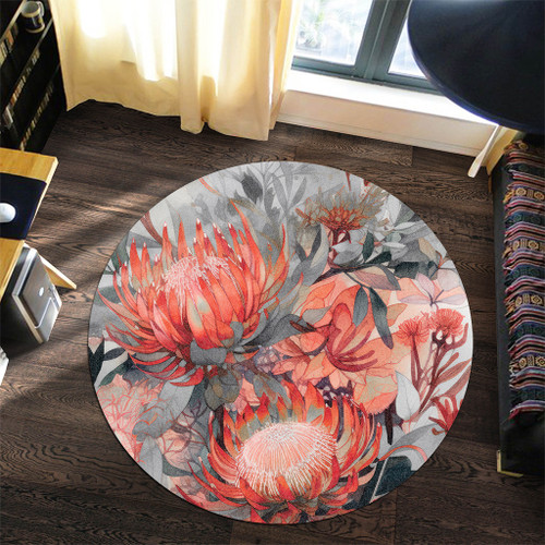 Australia Waratah Round Rug - Red Orange Waratah Flowers Art Round Rug Australia Waratah Round Rug - Red Orange Waratah Flowers Art Round Rug