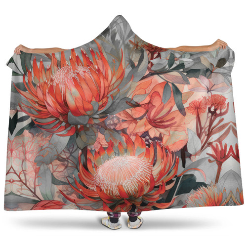 Australia Waratah Hooded Blanket - Red Orange Waratah Flowers Art Hooded Blanket Australia Waratah Hooded Blanket - Red Orange Waratah Flowers Art Hooded Blanket