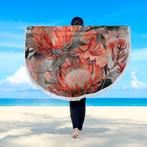 Australia Waratah Beach Blanket - Red Orange Waratah Flowers Art Beach Blanket Australia Waratah Beach Blanket - Red Orange Waratah Flowers Art Beach Blanket