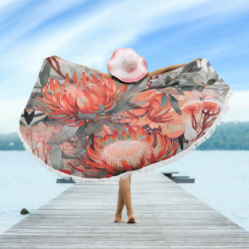 Australia Waratah Beach Blanket - Red Orange Waratah Flowers Art Beach Blanket Australia Waratah Beach Blanket - Red Orange Waratah Flowers Art Beach Blanket