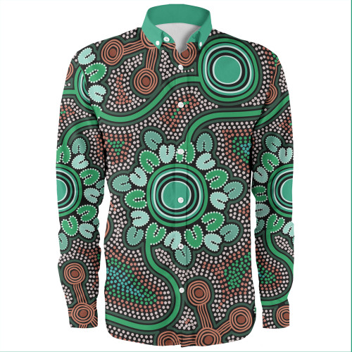 Australia Aboriginal Long Sleeve Shirts - Aboriginal Green Dot Art Inspired Long Sleeve Shirts