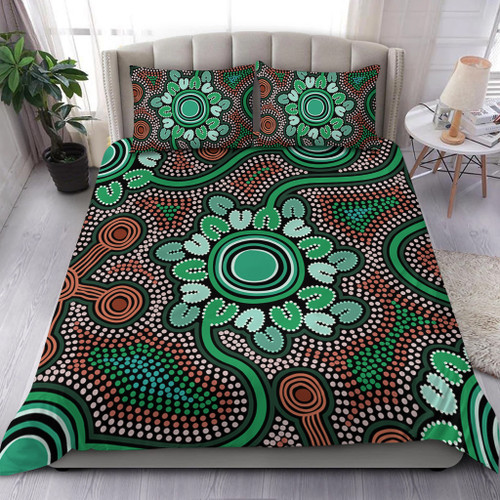 Australia Aboriginal Bedding Set - Aboriginal Green Dot Art Inspired Bedding Set