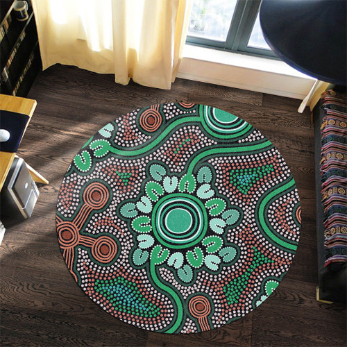 Australia Aboriginal Round Rug - Aboriginal Green Dot Art Inspired Round Rug Australia Aboriginal Round Rug - Aboriginal Green Dot Art Inspired Round Rug