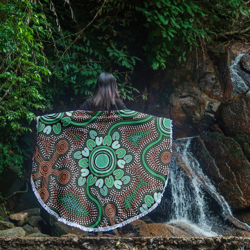 Australia Aboriginal Beach Blanket - Aboriginal Green Dot Art Inspired Beach Blanket Australia Aboriginal Beach Blanket - Aboriginal Green Dot Art Inspired Beach Blanket