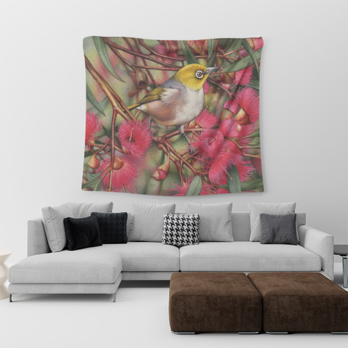 Australia Silvereye Tapestry - Silvereye and Gum Blossom Tapestry Australia Silvereye Tapestry - Silvereye and Gum Blossom Tapestry