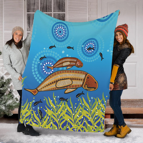 Australia Aboriginal Blanket - Mother And Baby Dugong Aboriginal Art Inspired Blanket Australia Aboriginal Blanket - Mother And Baby Dugong Aboriginal Art Inspired Blanket