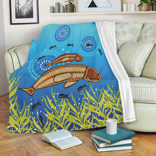 Australia Aboriginal Blanket - Mother And Baby Dugong Aboriginal Art Inspired Blanket Australia Aboriginal Blanket - Mother And Baby Dugong Aboriginal Art Inspired Blanket