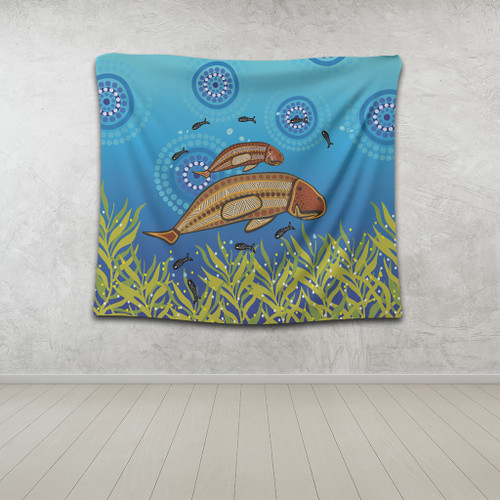 Australia Aboriginal Tapestry - Mother And Baby Dugong Aboriginal Art Inspired Tapestry