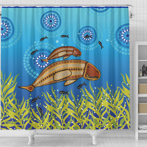 Australia Aboriginal Shower Curtain - Mother And Baby Dugong Aboriginal Art Inspired Shower Curtain