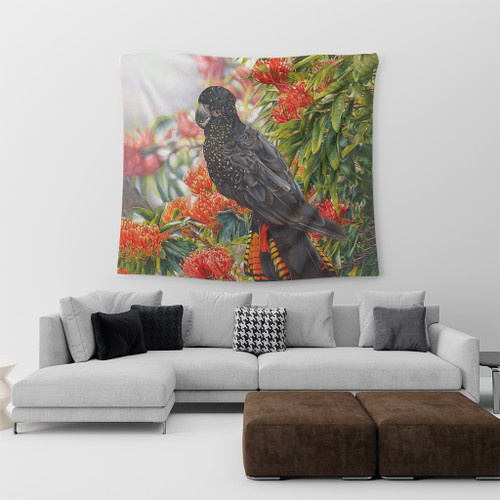 Australia Black Cockatoo Tapestry - Red Tailed Black Cockatoo and Tree Waratah Tapestry