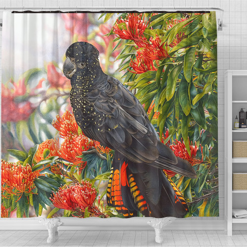 Australia Black Cockatoo Shower Curtain - Red Tailed Black Cockatoo and Tree Waratah Shower Curtain