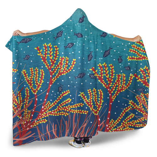 Australia Aboriginal Hooded Blanket - Underwater Aboriginal Art Inspired Hooded Blanket