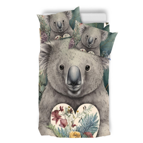 Australia Koala Bedding Set -  Koala Holding A Heart Adorned With Flowers Bedding Set Australia Koala Bedding Set -  Koala Holding A Heart Adorned With Flowers Bedding Set
