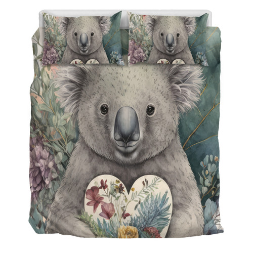 Australia Koala Bedding Set -  Koala Holding A Heart Adorned With Flowers Bedding Set Australia Koala Bedding Set -  Koala Holding A Heart Adorned With Flowers Bedding Set