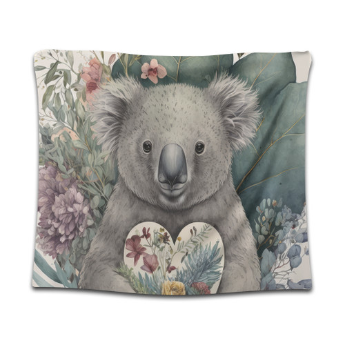 Australia Koala Tapestry -  Koala Holding A Heart Adorned With Flowers Tapestry Australia Koala Tapestry -  Koala Holding A Heart Adorned With Flowers Tapestry