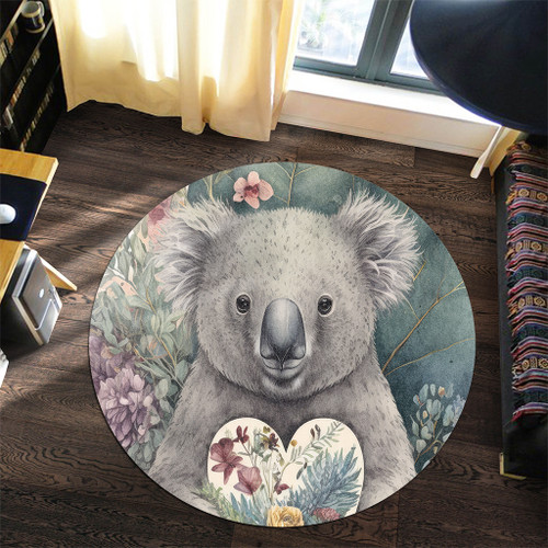 Australia Koala Round Rug -  Koala Holding A Heart Adorned With Flowers Round Rug Australia Koala Round Rug -  Koala Holding A Heart Adorned With Flowers Round Rug