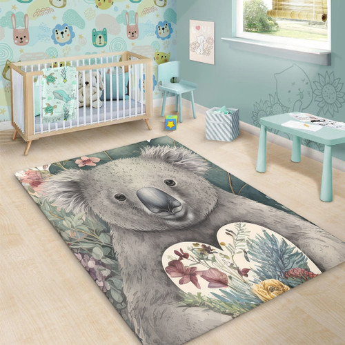 Australia Koala Area Rug -  Koala Holding A Heart Adorned With Flowers Area Rug Australia Koala Area Rug -  Koala Holding A Heart Adorned With Flowers Area Rug