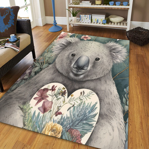 Australia Koala Area Rug -  Koala Holding A Heart Adorned With Flowers Area Rug Australia Koala Area Rug -  Koala Holding A Heart Adorned With Flowers Area Rug