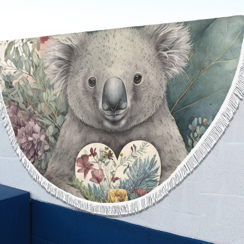 Australia Koala Beach Blanket -  Koala Holding A Heart Adorned With Flowers Beach Blanket Australia Koala Beach Blanket -  Koala Holding A Heart Adorned With Flowers Beach Blanket