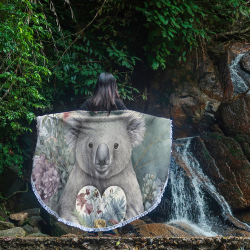 Australia Koala Beach Blanket -  Koala Holding A Heart Adorned With Flowers Beach Blanket Australia Koala Beach Blanket -  Koala Holding A Heart Adorned With Flowers Beach Blanket